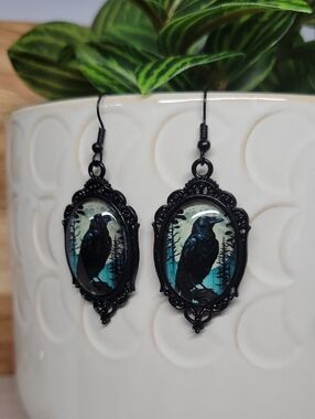 Black Raven Cameo Drop Earrings - Gothic Black Jewelry